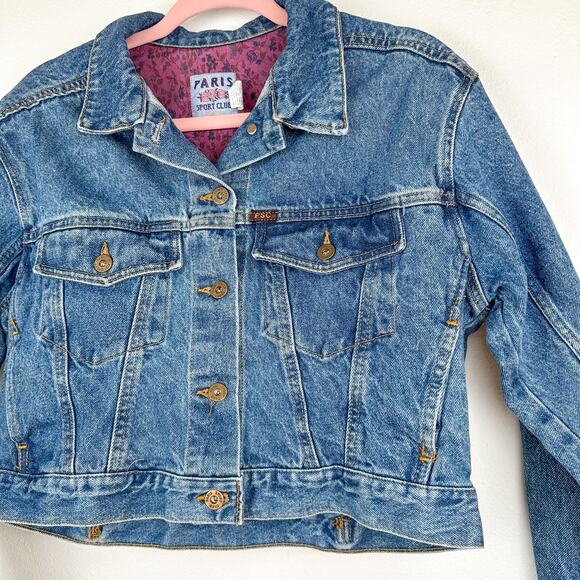 Paris Sport Club Y2K Denim Jacket Cropped Dark Blue - Picture 2 of 4